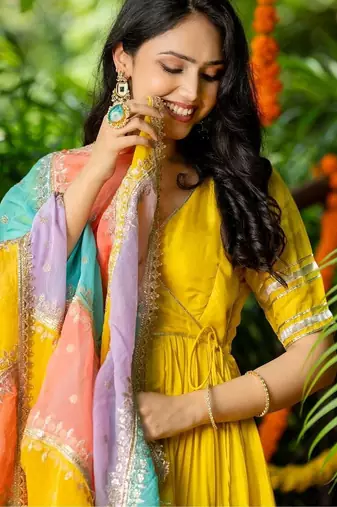 Yellow upada silk lace work kurta set