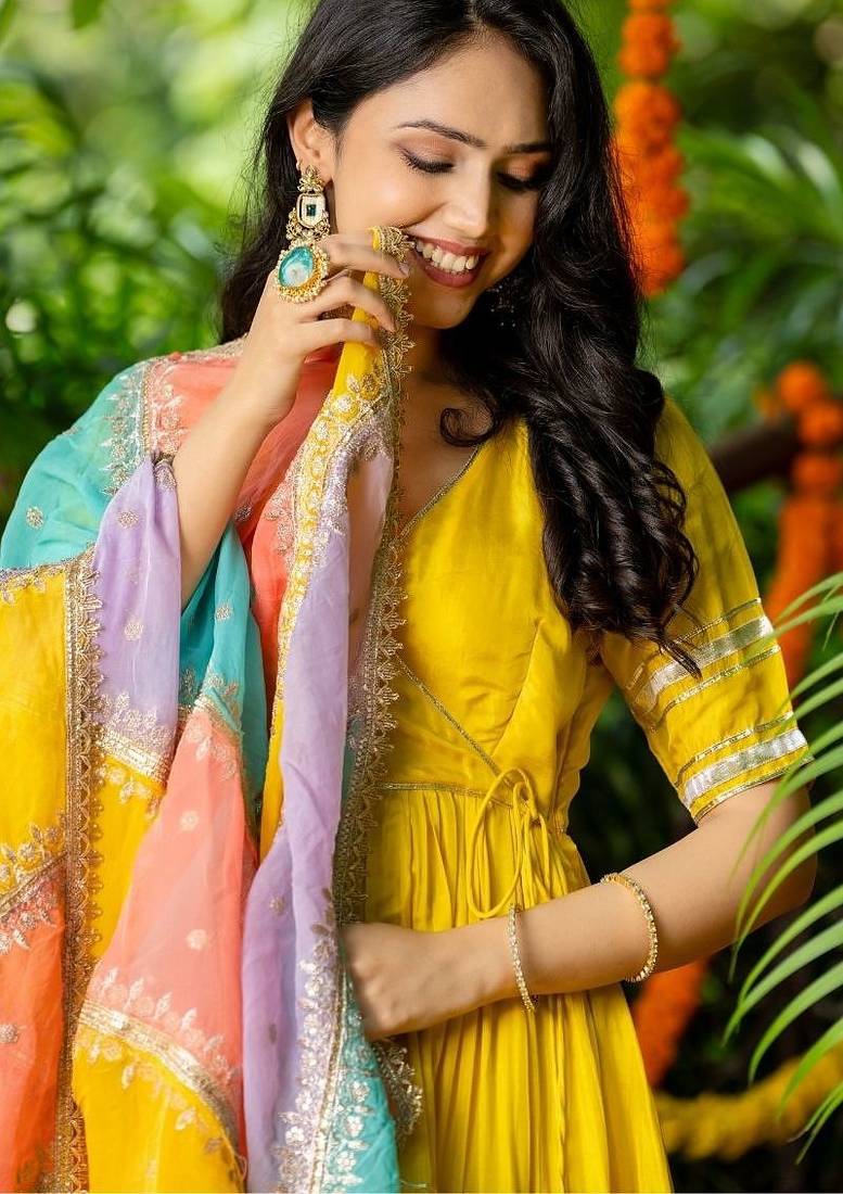 Yellow upada silk lace work kurta set