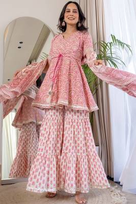 Pink cotton printed lace work kurta and sharara and dupatta set 1