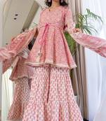 Pink cotton printed lace work kurta and sharara and dupatta set
