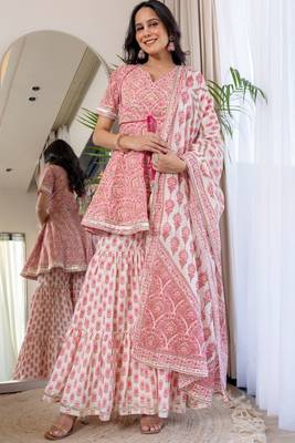 Pink cotton printed lace work kurta and sharara and dupatta set 2