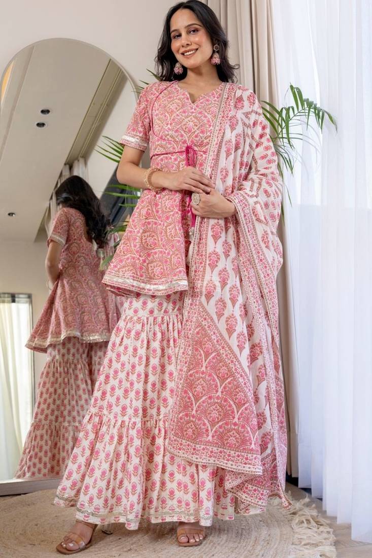 Pink cotton printed lace work kurta and sharara and dupatta set