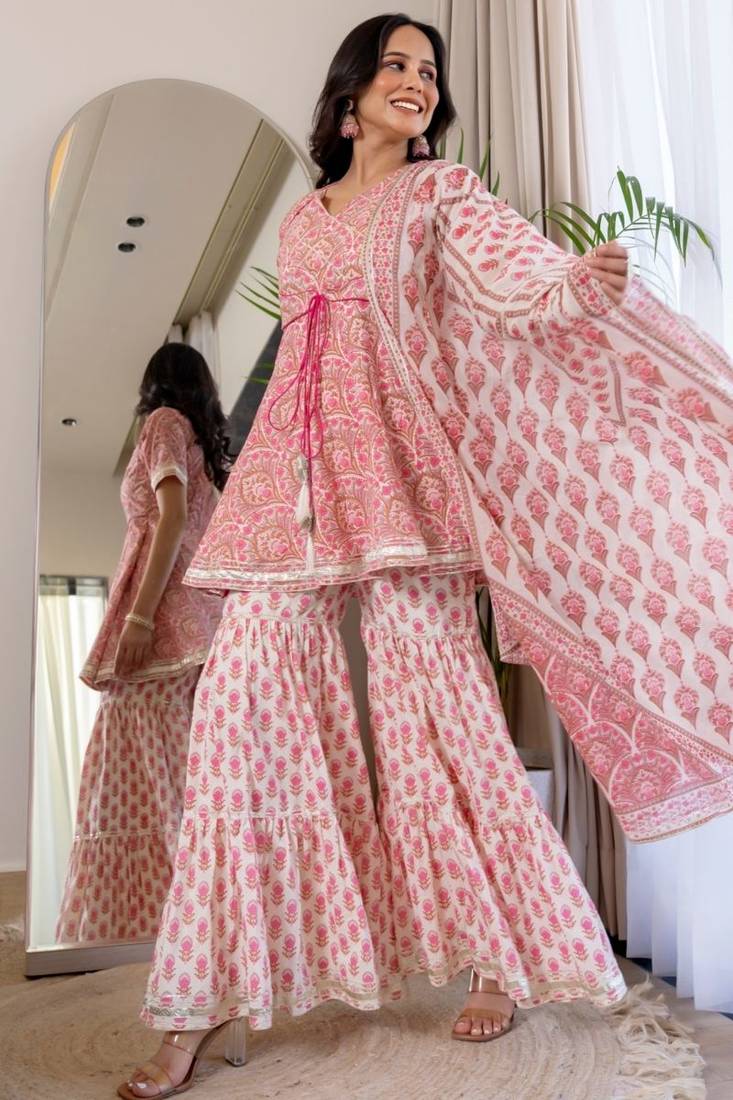 Pink cotton printed lace work kurta and sharara and dupatta set
