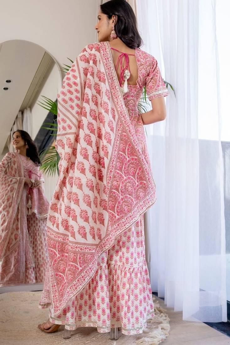 Pink cotton printed lace work kurta and sharara and dupatta set