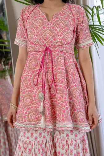 Pink cotton printed lace work kurta and sharara and dupatta set