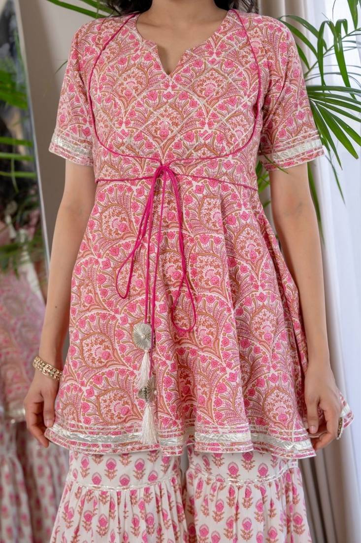 Pink cotton printed lace work kurta and sharara and dupatta set