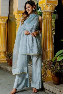 Grey silk sequence work kurta and palazzoand dupatta set 1