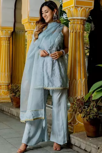 Grey silk sequence work kurta and plazoo and dupatta set