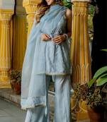 Grey silk sequence work kurta and plazoo and dupatta set
