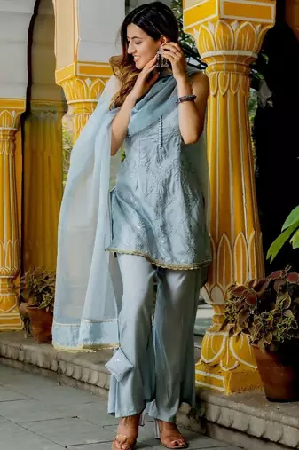 Grey silk sequence work kurta and palazzoand dupatta set