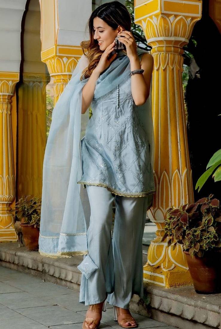 Grey silk sequence work kurta and plazoo and dupatta set
