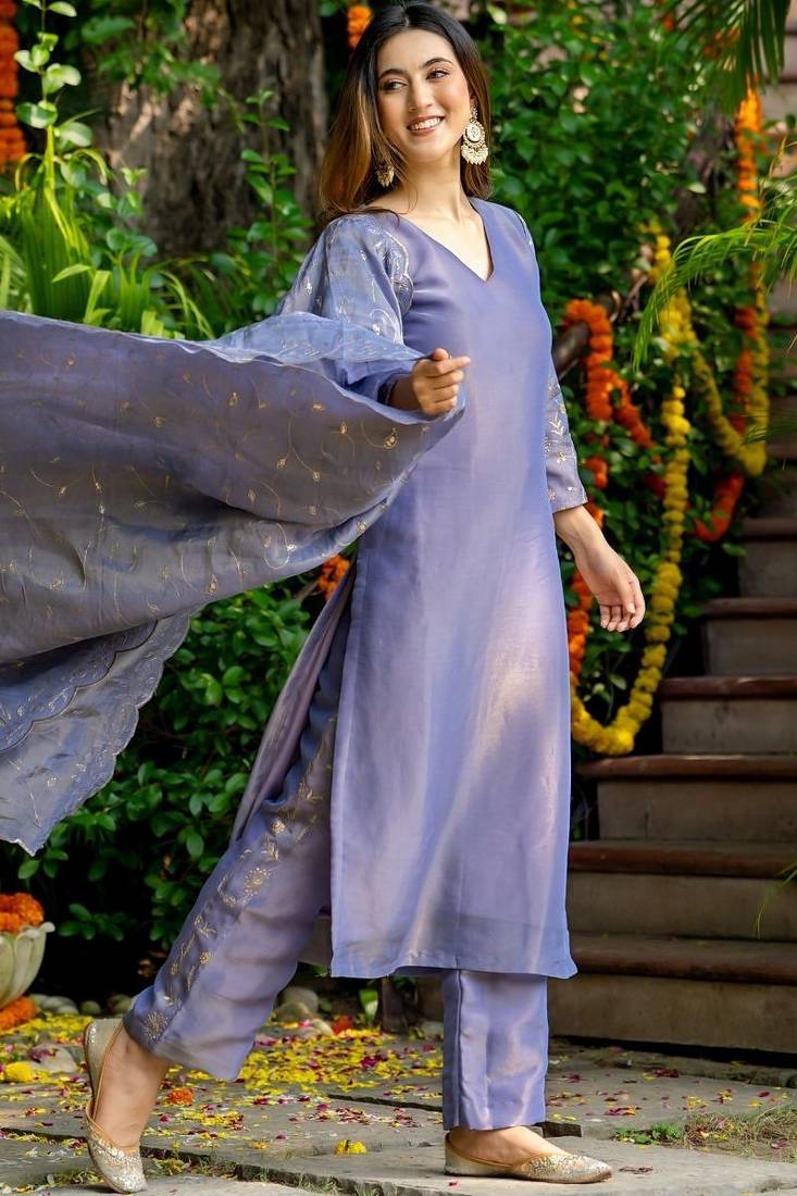 Purple tissue emboridered kurta and pant and dupatta