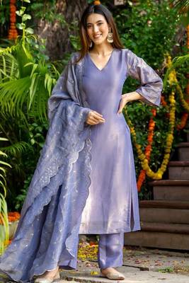 Purple tissue emboridered kurta and pant and dupatta 1