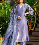 Purple tissue emboridered kurta and pant and dupatta