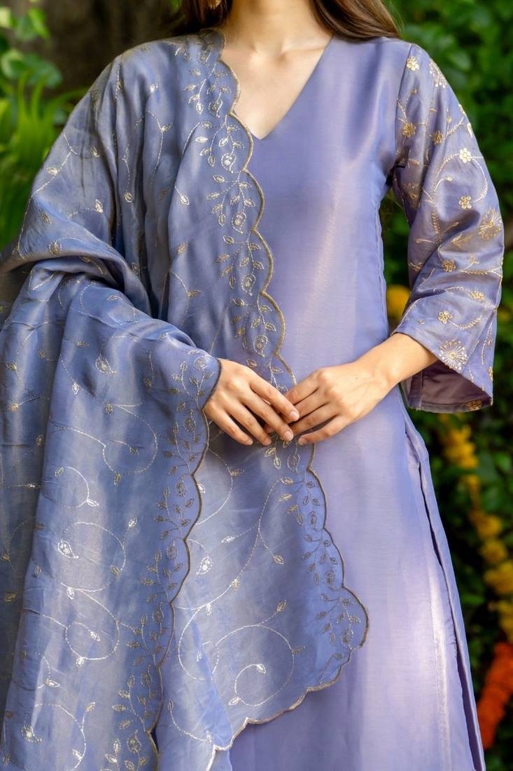 Purple tissue emboridered kurta and pant and dupatta