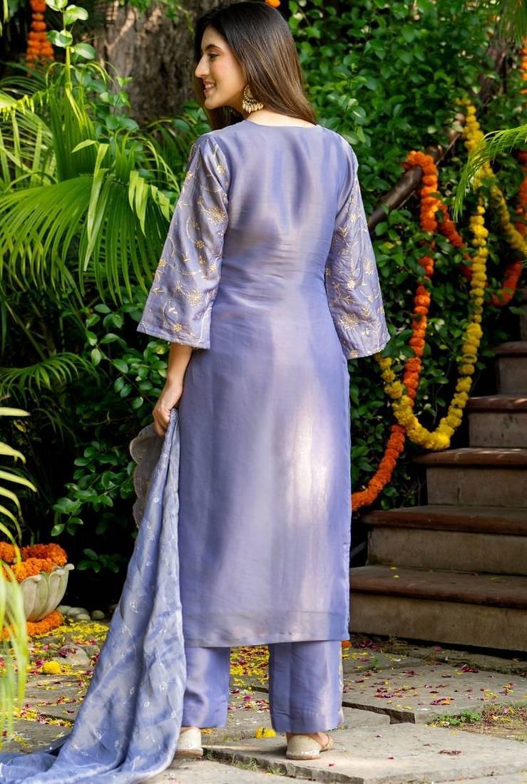 Purple tissue emboridered kurta and pant and dupatta