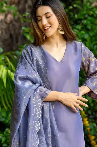 Purple tissue emboridered kurta and pant and dupatta