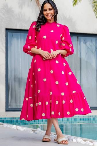 Pink cotton embroidered dress