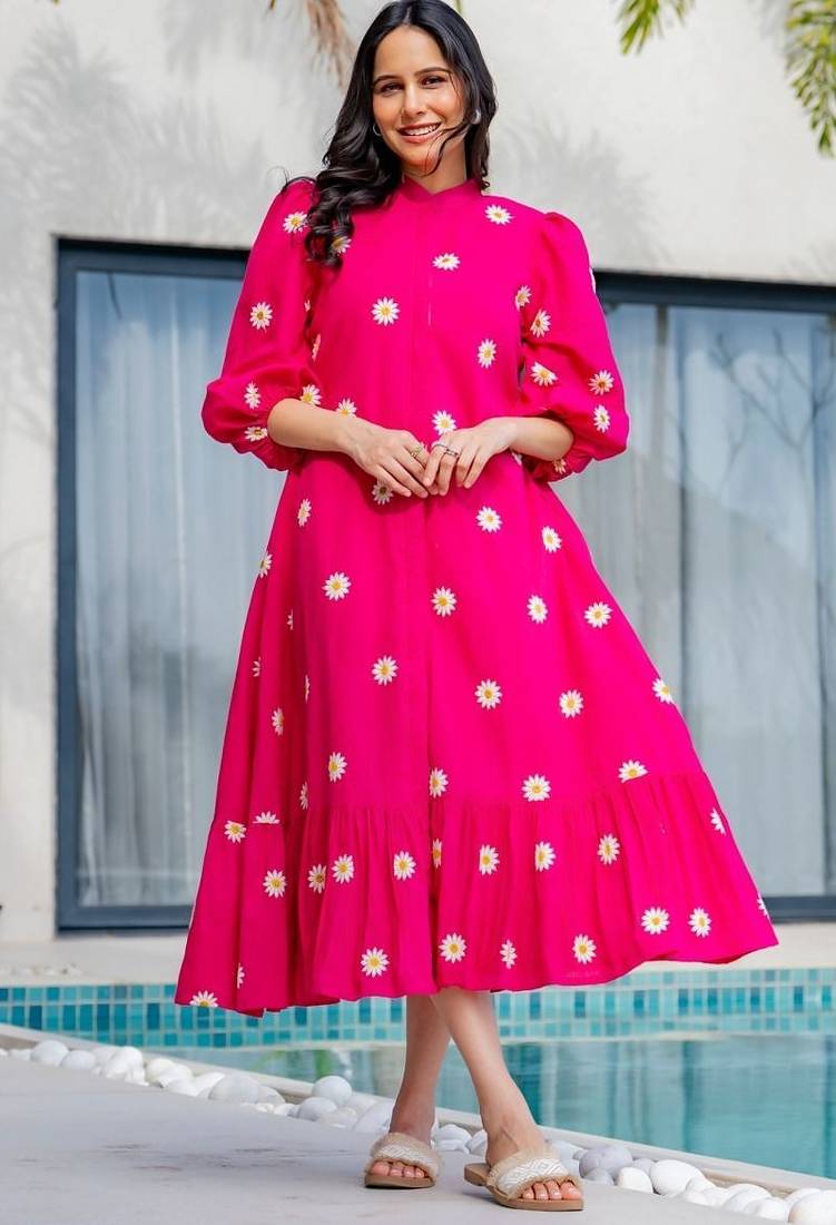 Pink cotton embroidered dress