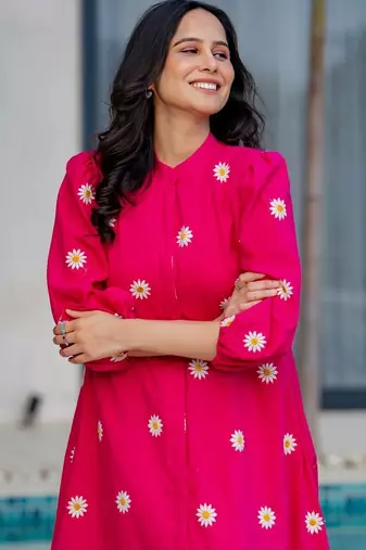 Pink cotton embroidered dress