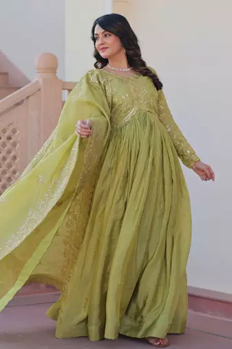 Tantalizing Pista Green Organza Mehendi Wear Gown With Dupatta