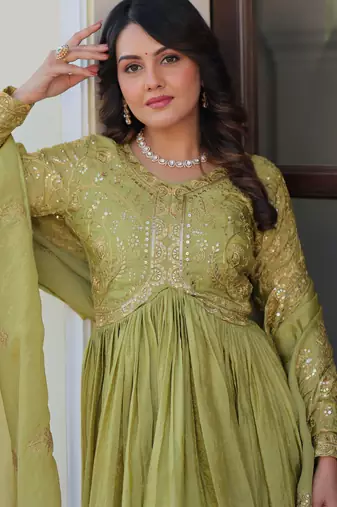 Tantalizing Pista Green Organza Mehendi Wear Gown With Dupatta
