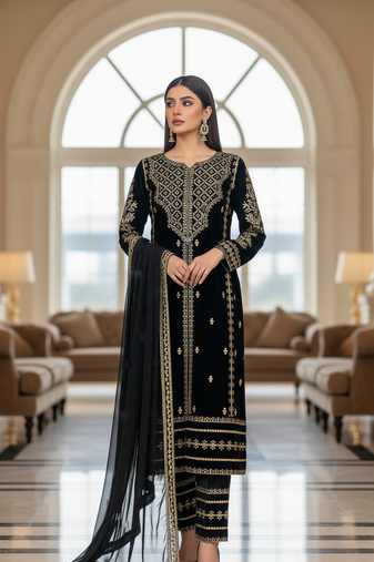Black Velvet Party Wear Embroidery Work salwar Suit 