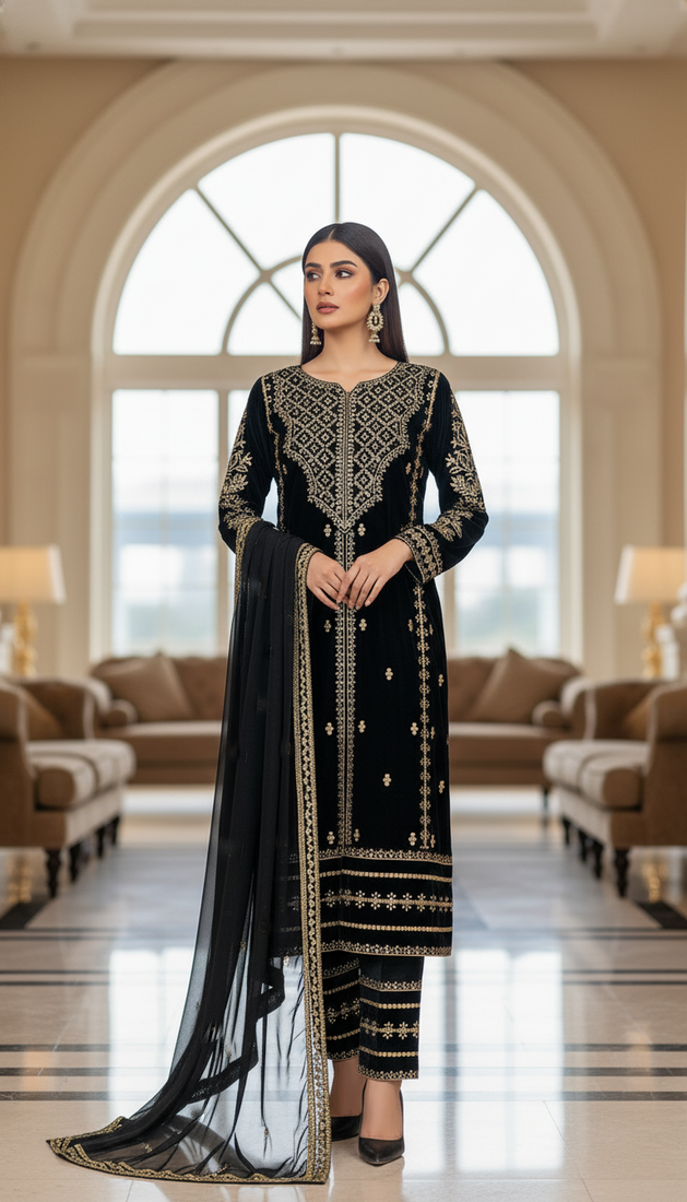 Black Velvet Party Wear Embroidery Work salwar Suit 