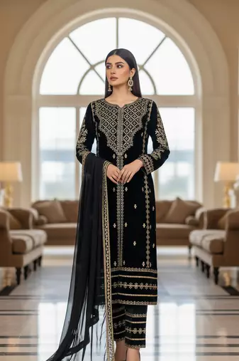 Black Velvet Party Wear Embroidery Work salwar Suit 