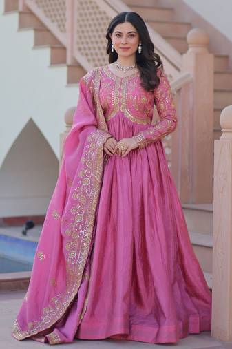Pink Organza Sequins Gown With Dupatta