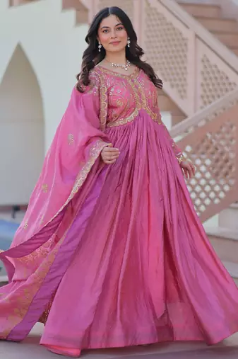 Pink Organza Sequins Gown With Dupatta