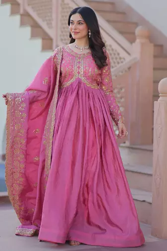 Pink Organza Sequins Gown With Dupatta