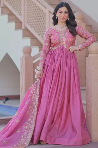 Pink Organza Sequins Gown With Dupatta