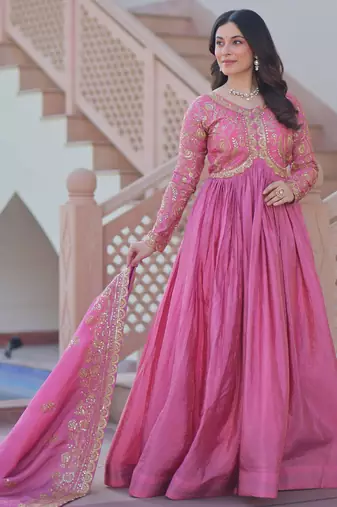 Pink Organza Sequins Gown With Dupatta