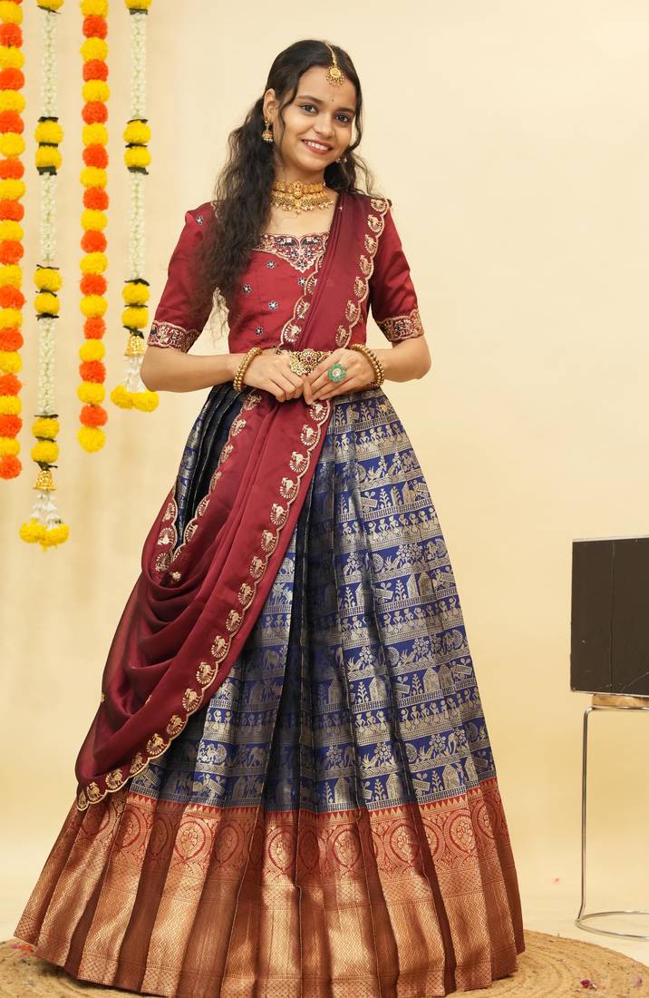Navy Embroidered Satin lehenga choli