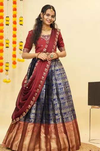 Navy Embroidered Satin lehenga choli