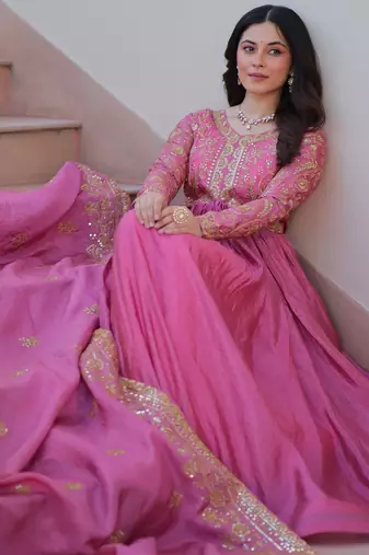 Pink Organza Sequins Gown With Dupatta