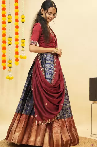 Navy Embroidered Satin lehenga choli