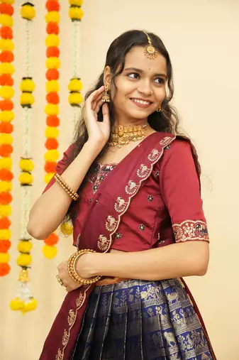 Navy Embroidered Satin lehenga choli