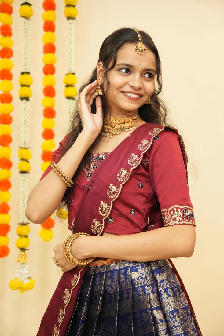 Navy Embroidered Satin lehenga choli