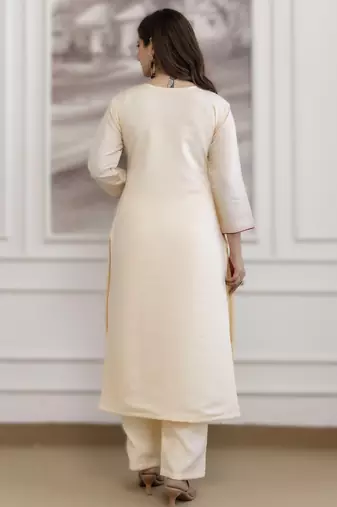 cream embroidered chanderi round neck kurta pant & dupatta