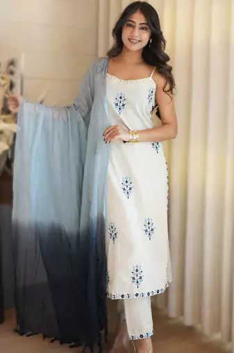 off white embroidered cotton kurta pant with dupatta