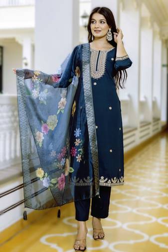 Dark navy bule embroidered viscose chanderi kurta pant with printed jacquard dupatta