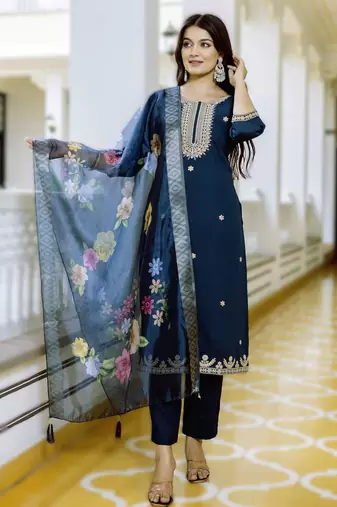 Dark navy bule embroidered viscose chanderi kurta pant with printed jacquard dupatta