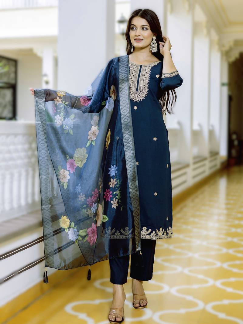 Dark navy bule embroidered viscose chanderi kurta pant with printed jacquard dupatta