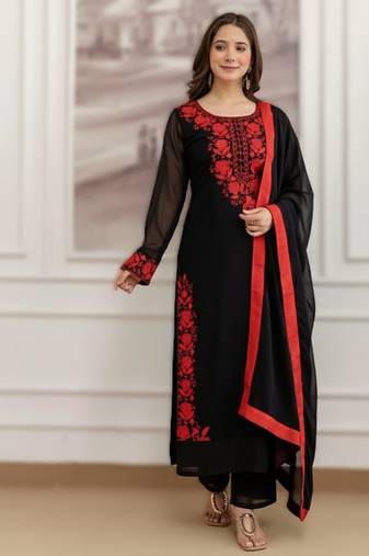 black embroidered straight/a-line georgette kurta pant with dupatta