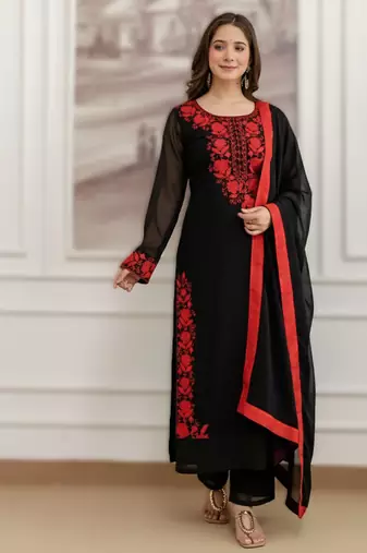 black embroidered straight/a-line georgette kurta pant with dupatta