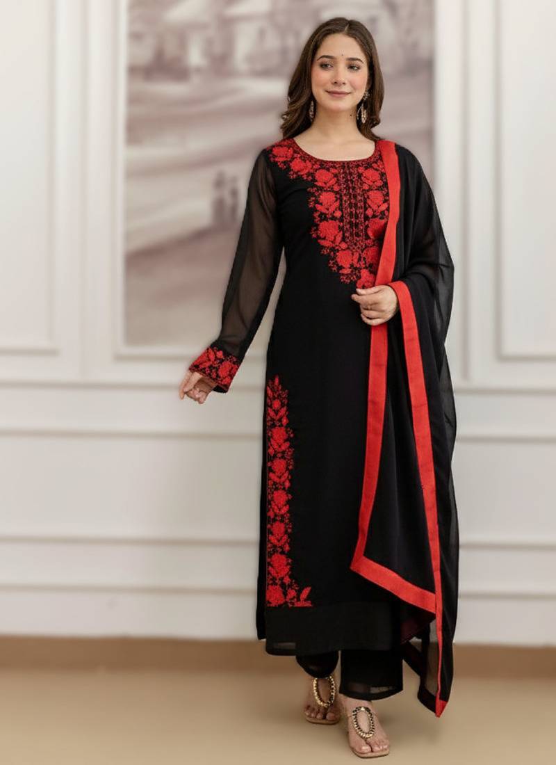 black embroidered straight/a-line georgette kurta pant with dupatta