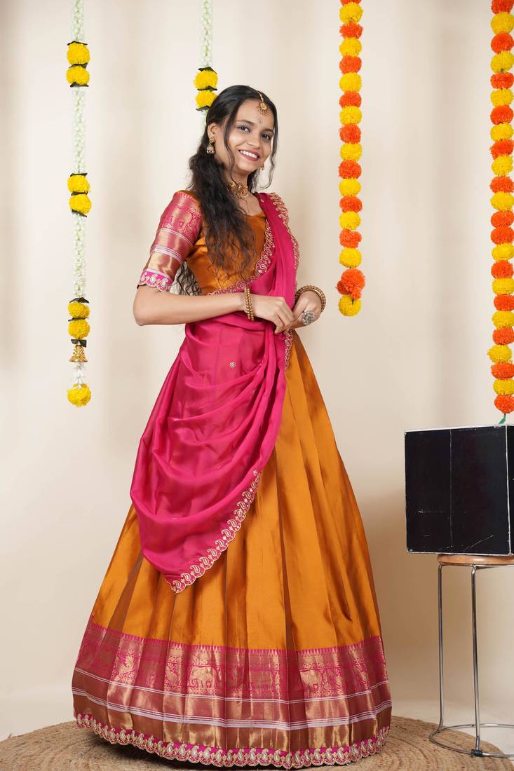 Orange Embroidered Art Silk lehenga choli