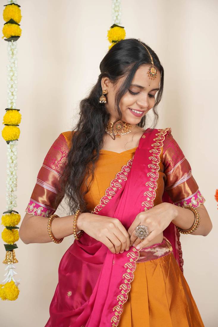 Orange Embroidered Art Silk lehenga choli